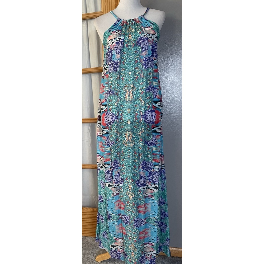 Moon Meadow Halter Maxi Dress Sz S Blue Purple Semi Sheer Abstract Beach Resort